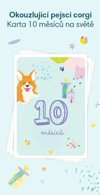 Tištěné karty na oslavu 10 měsíců od narození vašeho děťátka. Zdobí je veselé motivy, včetně okouzlujícího pejska corgi a nápisu: 10 měsíců na světě!