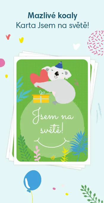 Tištěné karty na oslavu narození miminka. Zdobí je veselé motivy, včetně přítulné koaly a nápisu: Jsem na světě!