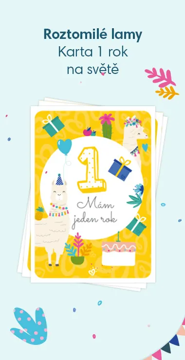 Tištěné karty na oslavu prvních narozenin vašeho děťátka! Zdobí je veselé motivy, včetně roztomilé lamy a nápisu: 1 rok na světě!