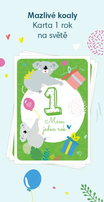Tištěné karty na oslavu prvních narozenin vašeho děťátka. Zdobí je veselé motivy, včetně mazlivé koaly a nápisu: 1 rok na světě!