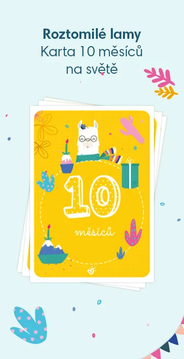 Tištěné karty na oslavu 10 měsíců od narození vašeho děťátka! Zdobí je veselé motivy, včetně roztomilé lamy a nápisu: 10 měsíců na světě!