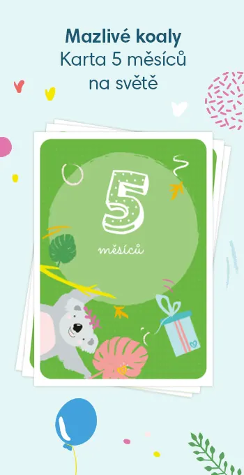 Tištěné karty na oslavu 5 měsíců od narození vašeho děťátka. Zdobí je veselé motivy, včetně mazlivé koaly a nápisu: 5 měsíců na světě!