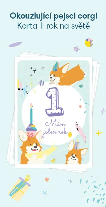 Tištěné karty na oslavu prvních narozenin vašeho děťátka. Zdobí je veselé motivy, včetně okouzlujícího pejska corgi a nápisu: 1 rok na světě!