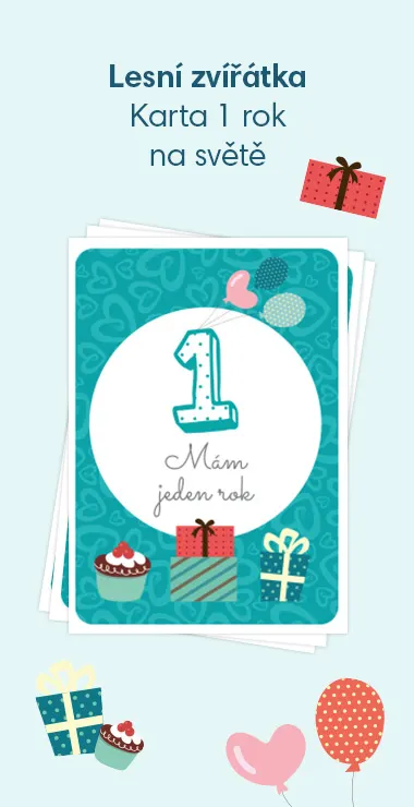 Tištěné karty na oslavu narození miminka. Zdobí je veselé motivy, včetně dárků, dortů, balonků a nápisu: 1 rok na světě!
