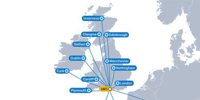 Map showing connections from our data center to towns in UK and Ireland.