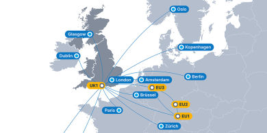 Karte, die Verbindungen von unserem Rechenzentrum zu Städten in Großbritannien und Irland zeigt.