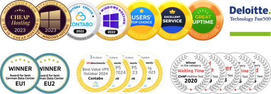 Contabo award badges - Chip Hotline Test, Deloitte, Host Advice, Best German Data Center