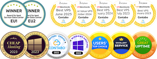 Contabo award badges - Chip Hotline Test, Deloitte, Host Advice, Best German Data Center