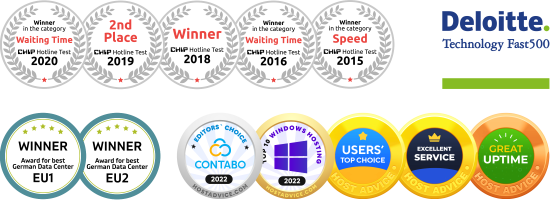 Contabo award badges - Chip Hotline Test, Deloitte, Host Advice, Best German Data Center