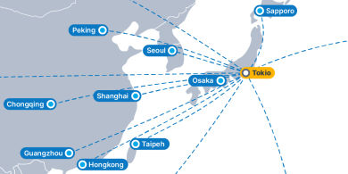 Karte, die Verbindungen von unserem Rechenzentrum in Tokio zu StÃ¤dten in Japan, Korea und China zeigt,.