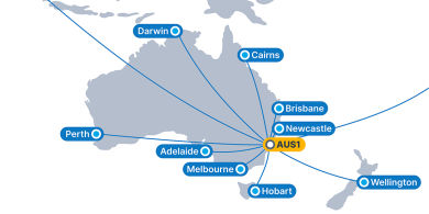Karte, die Verbindungen von unserem Rechenzentrum in Sydney zu Städten in Australien und Neuseeland zeigt,.
