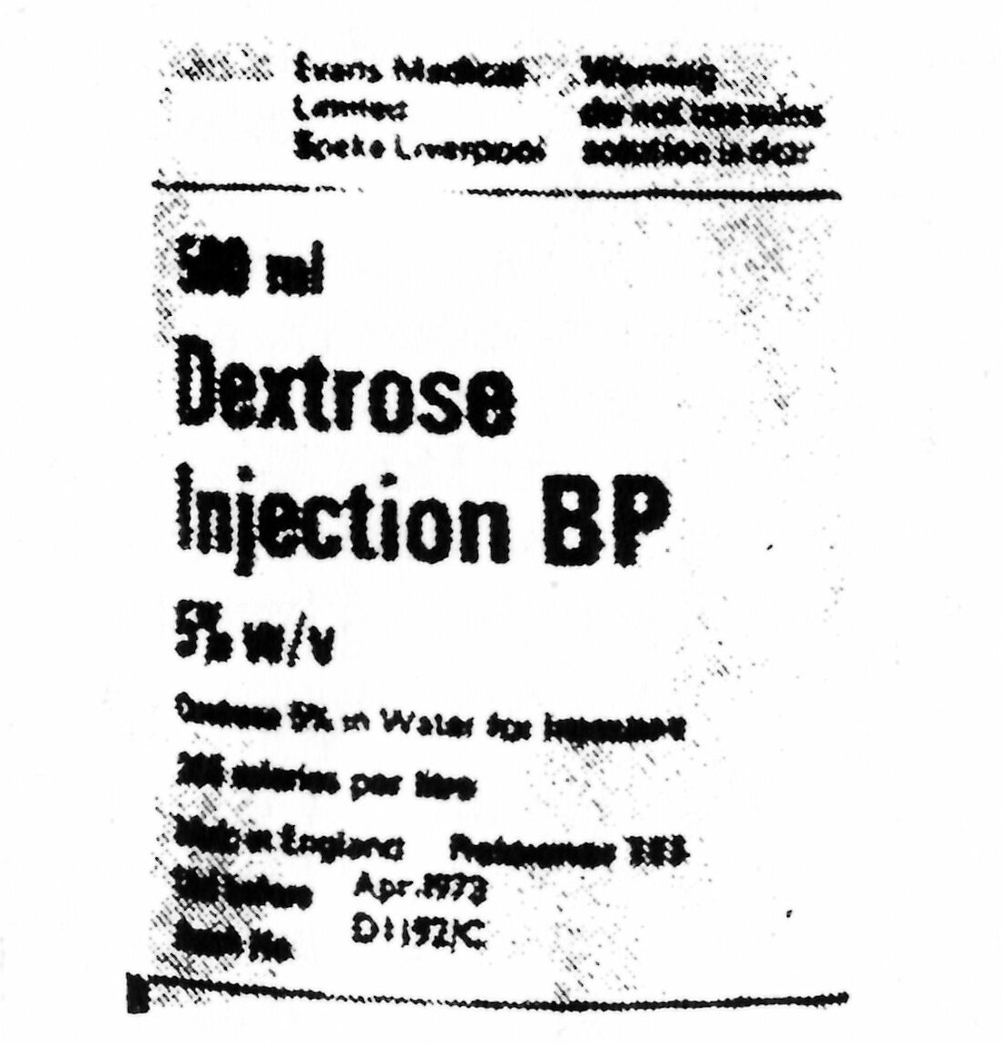 Bottle of 5% Dextrose infusion fluid numbered D1192