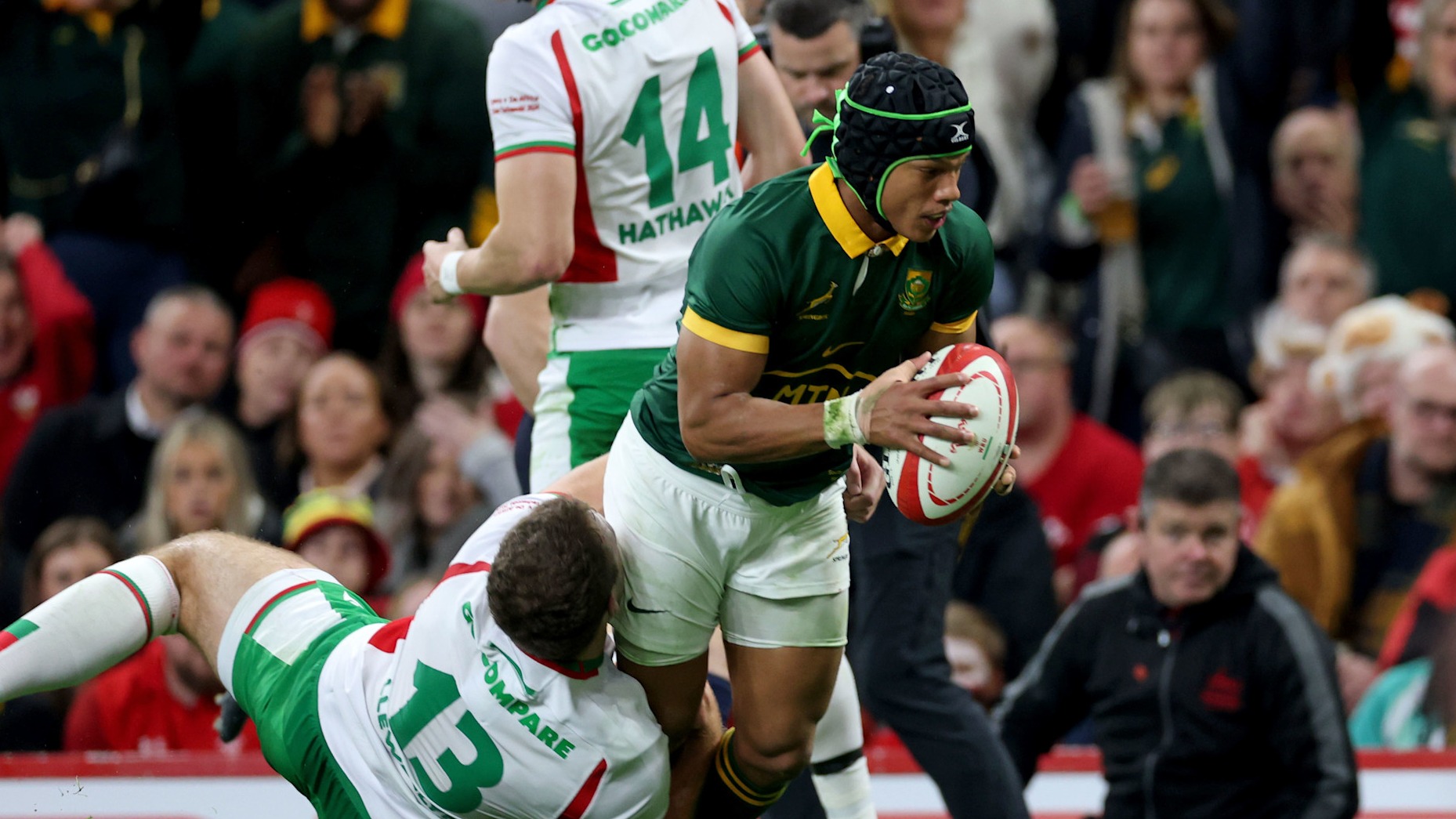 South Africa's Kurt-Lee Anderse dives for the Welsh try-line at the Principality Stadium during the 2024 Autumn Nations Series.