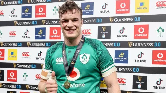 Josh van der Flier of Ireland with the player of the match award after the game