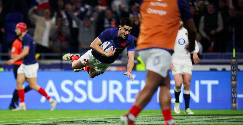 Nolann Le Garrec scores their first try during the 2024 Guinness Six Nations Championship Round 5 between France and England in the Groupama Stadium, Lyon, France Saturday, March 16, 2024 (Photo by James Crombie / Inpho)