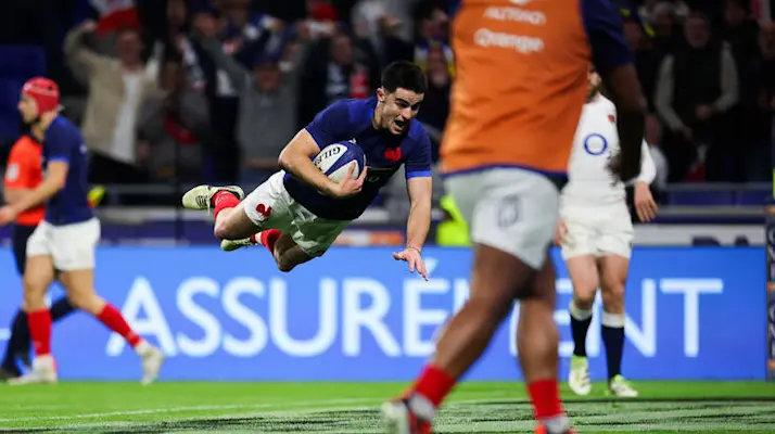 Nolann Le Garrec scores their first try during the 2024 Guinness Six Nations Championship Round 5 between France and England in the Groupama Stadium, Lyon, France Saturday, March 16, 2024 (Photo by James Crombie / Inpho)