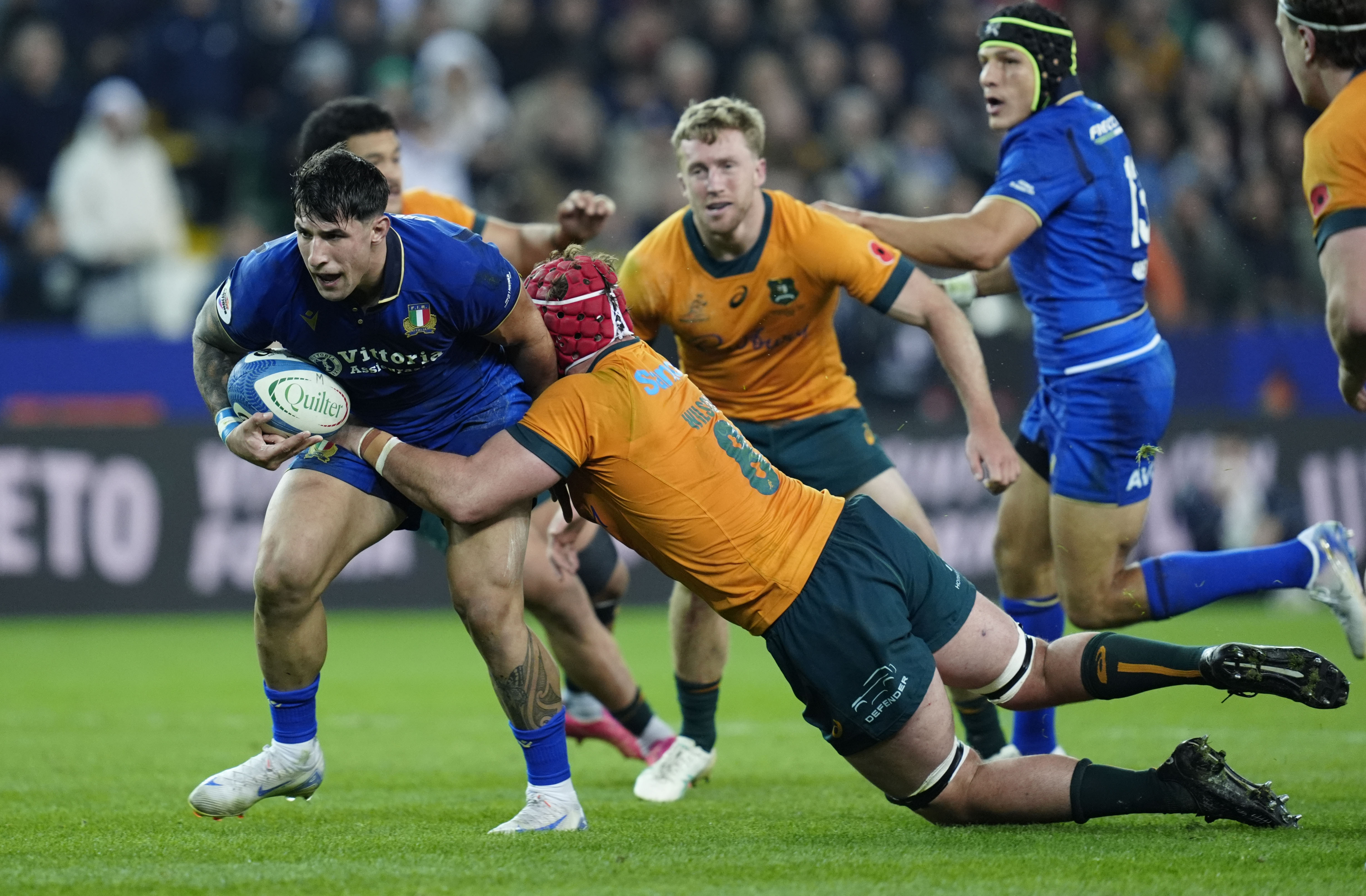Italy's Tommaso Menoncello during the 2025 Quilter Nations Series game between Italy and Australia in Bluenergy Stadium, Udine,