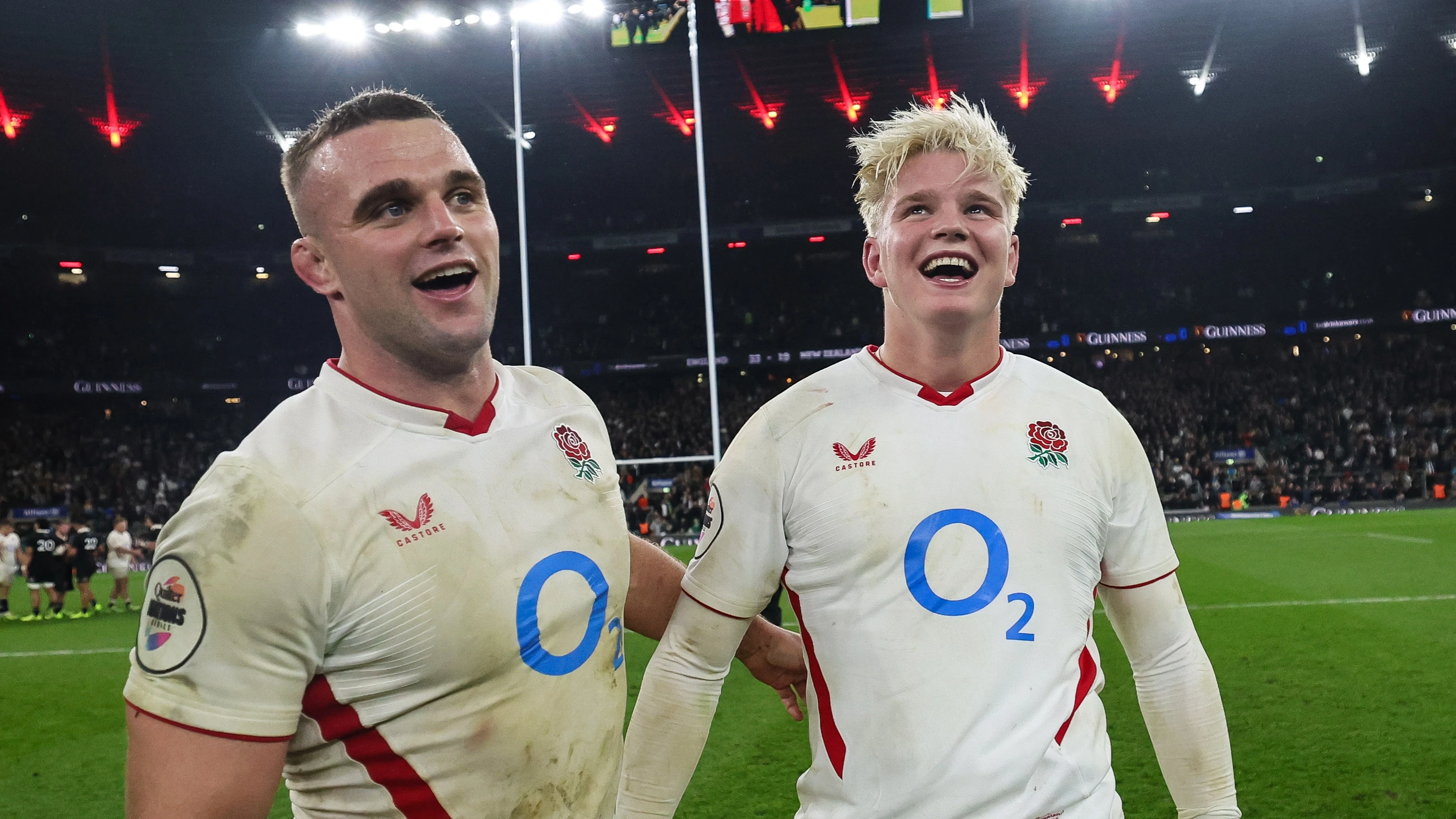 Ben Earl and Henry Pollock celebrate after England's 2025 Quilter Nations Series win against New Zealand.