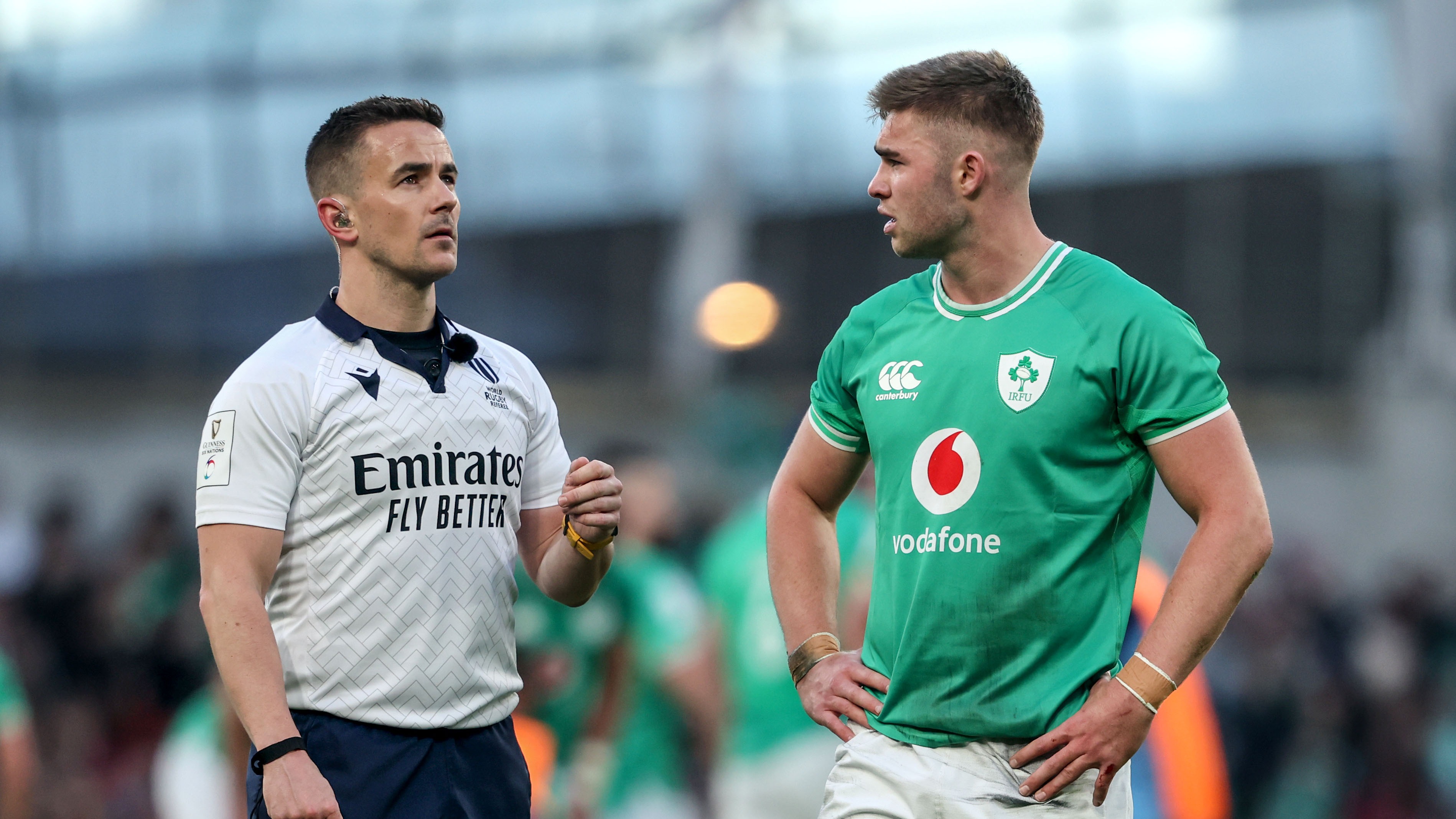 Referee Luke Pearce stops Jack Crowley from taking a conversion whilst Robbie Henshaw’s try is checked by the TMO during the 2024 Six Nations.
