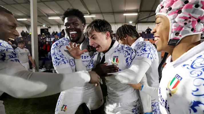 taly's Nelson Casartelli, Enoch Opoku Gyamfi, Edoardo Todaro and Giacomo Ndoumbe celebrate after beating Scotland in the 2025 Under 20 Six Nations