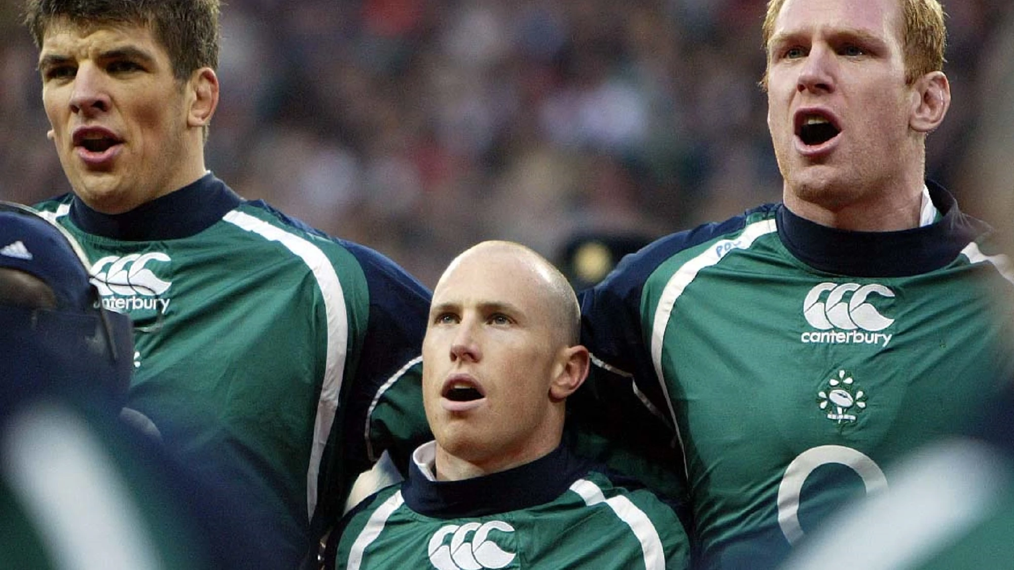 Donncha O&#8217;Callaghan, Peter Stringer and Paul O&#8217;Connell with tears in his eyes during the national anthem 24/2/2007