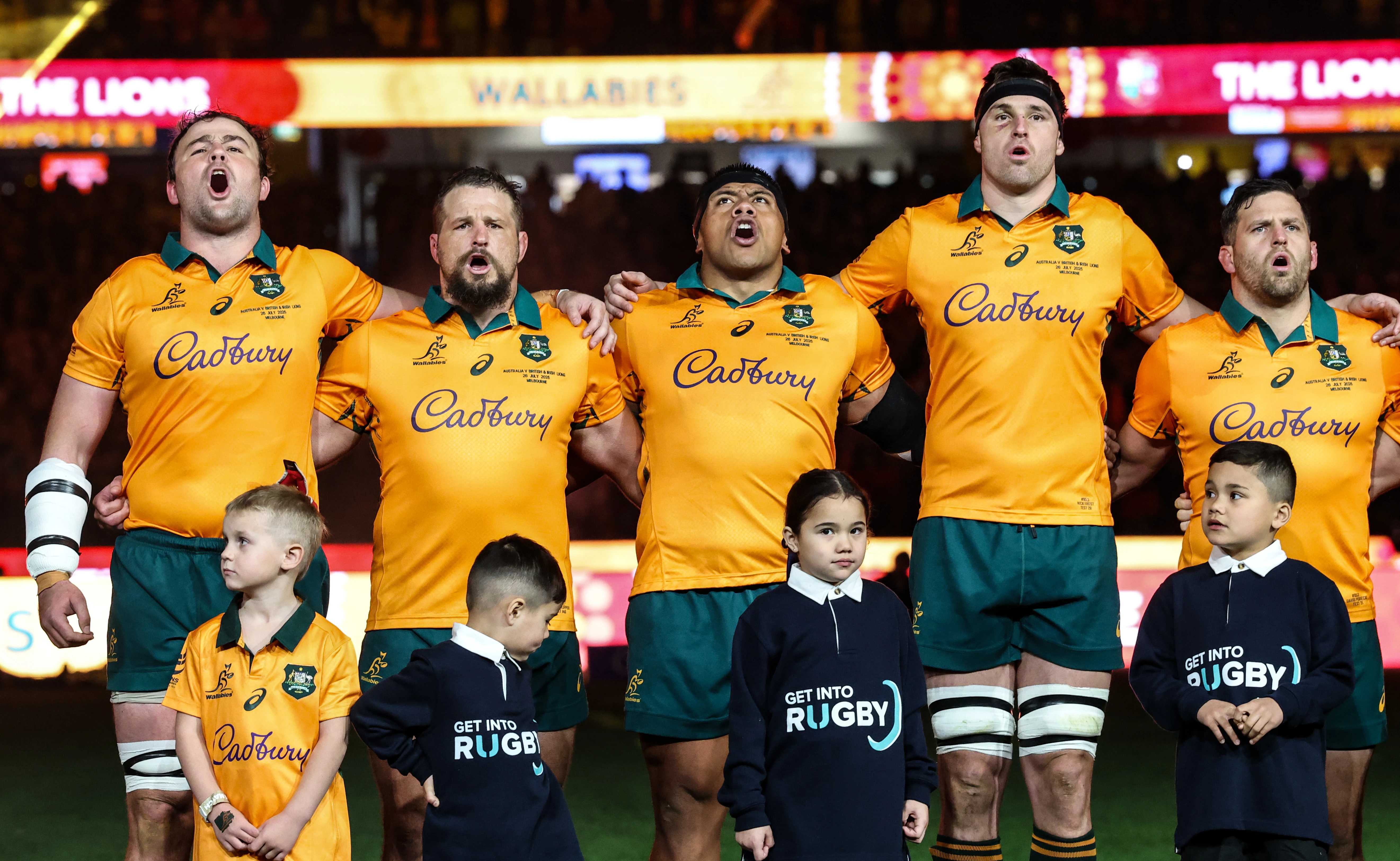 The Wallabies sing the national anthem at the MCG, July 2025.