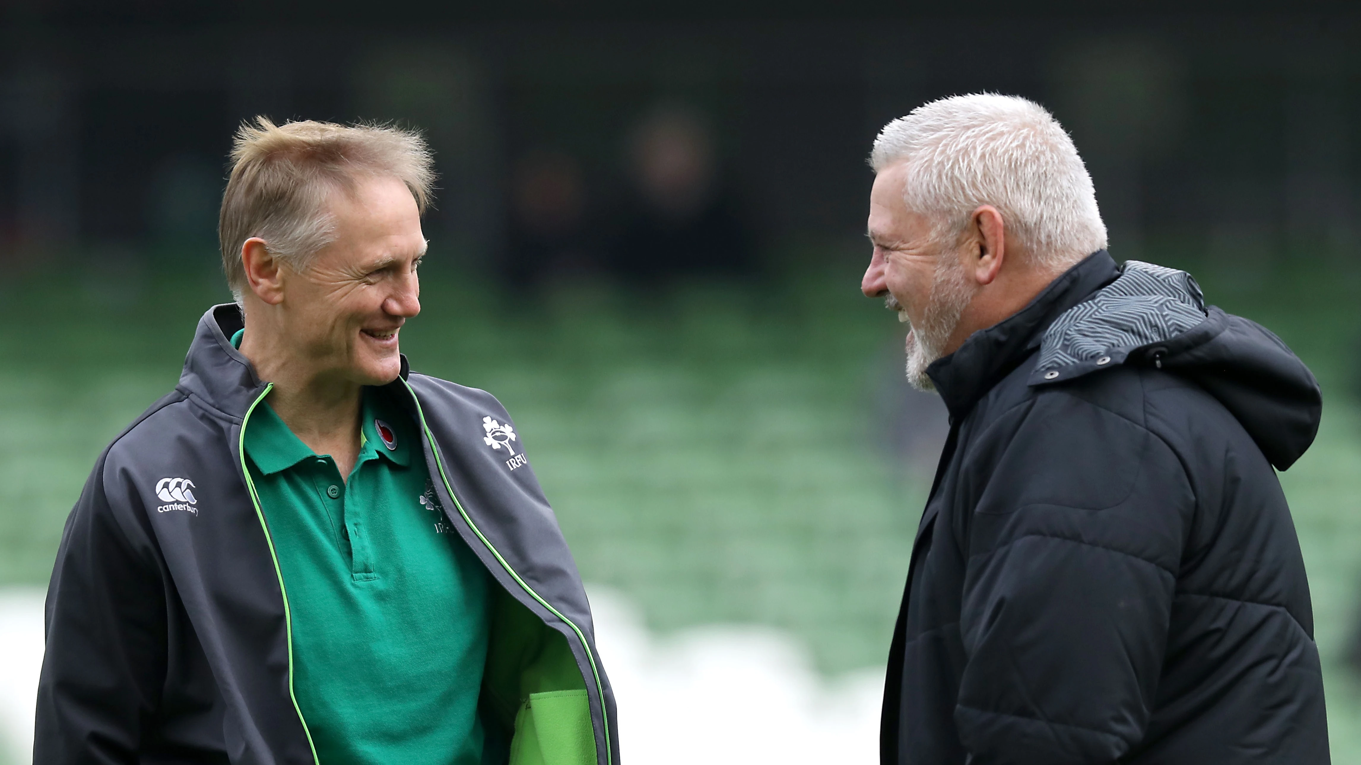 Joe Schmidt and Warren Gatland greet one another before Ireland v Wales in 2018.
