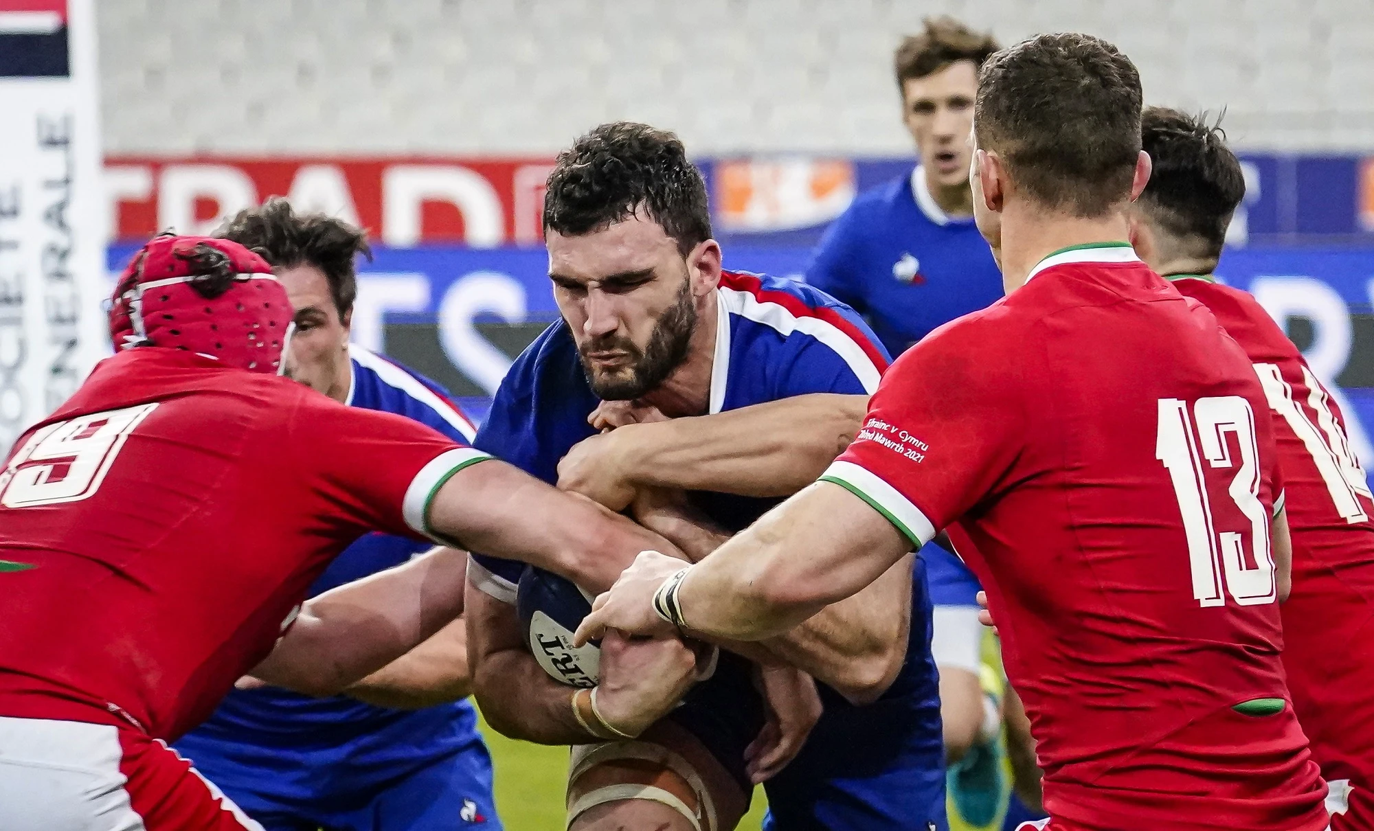 Charles Ollivon is tackled by Cory Hill, Louis Rees-Zammit and George North 20/3/2021