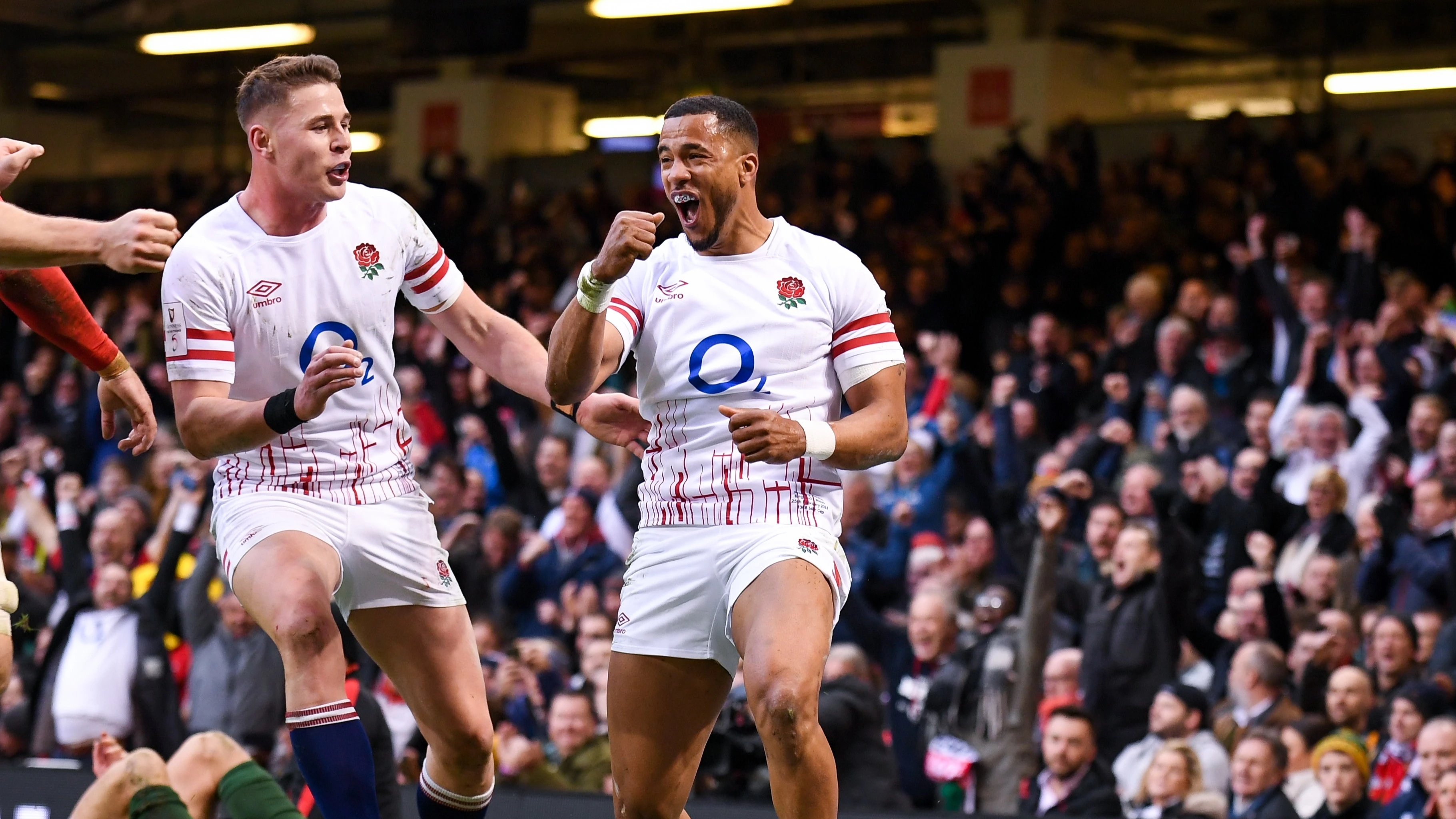 Anthony Watson celebrates scoring against Wales