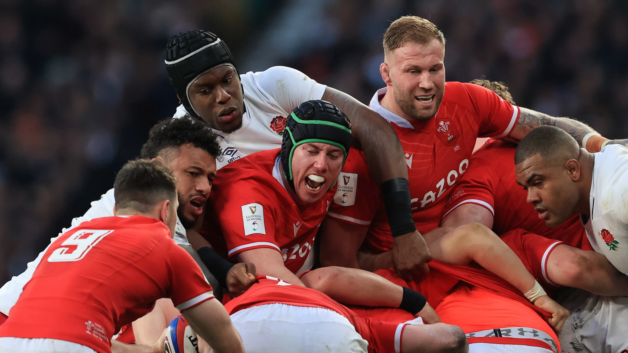England’s Courtney Lawes  Maro Itoje and Kyle Sinckler with Wales Adam Beard and Ross Moriarty  26/2/2022