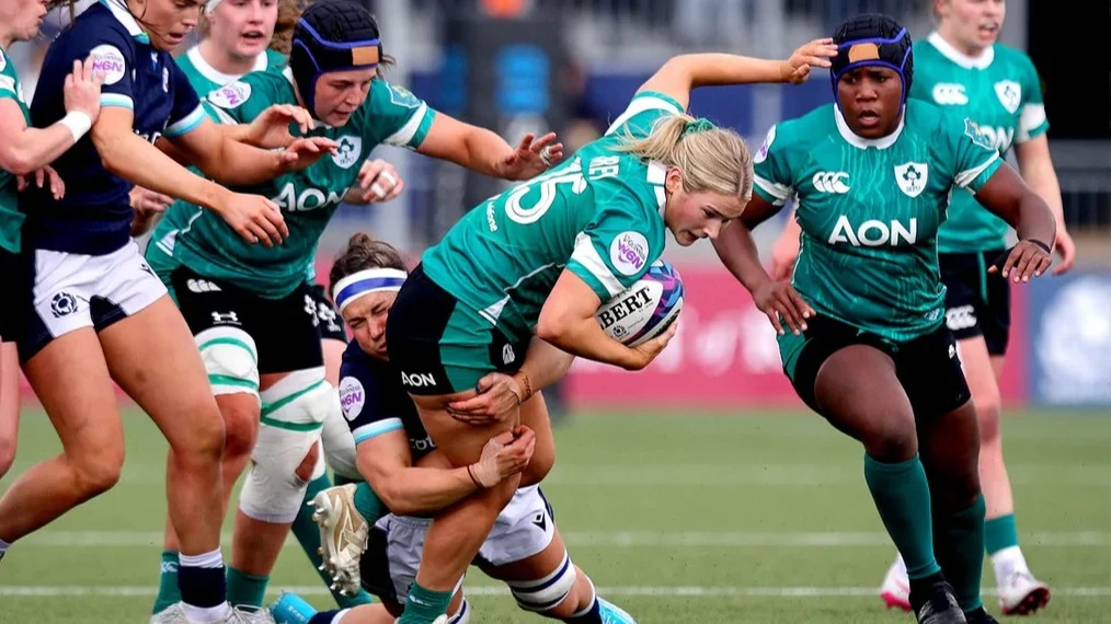 Scotland's Rachel Malcolm and Ireland's Aoife Corey during the 2025 Guinness Women's Six Nations Championship