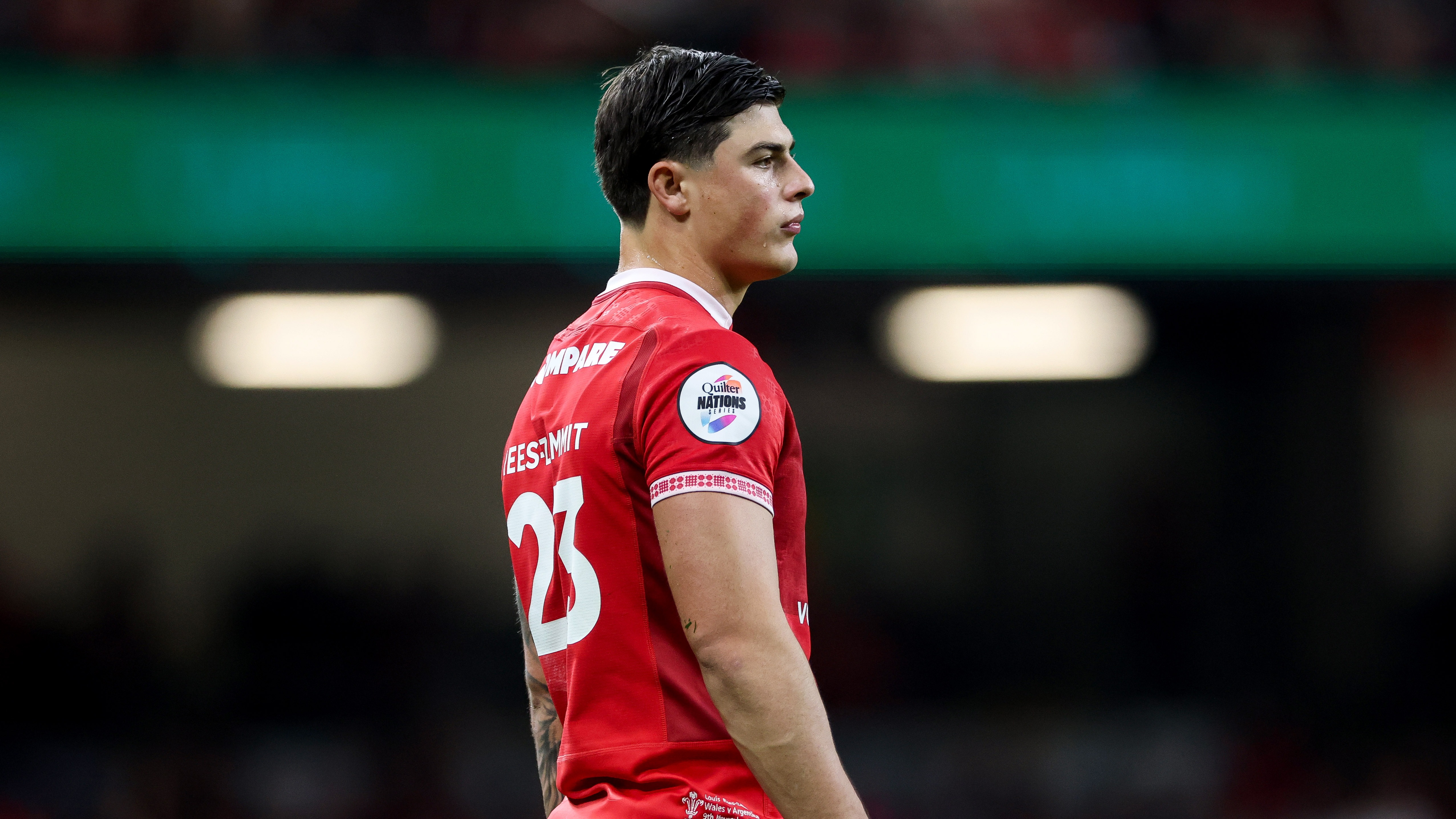 A shot of Wales wing Louis Rees-Zammit taken during the Wales v Argentina match in the 2025 Quilter Nations Series.