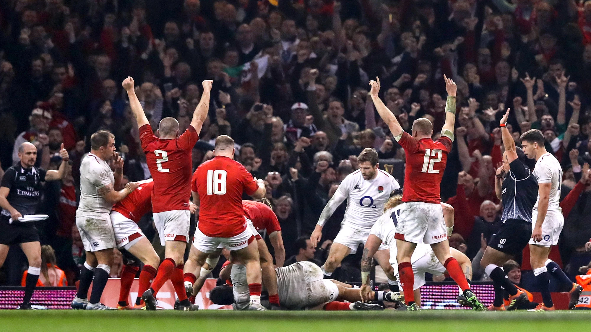 Wales players celebrate Cory Hill scoring their first try 23/2/2019