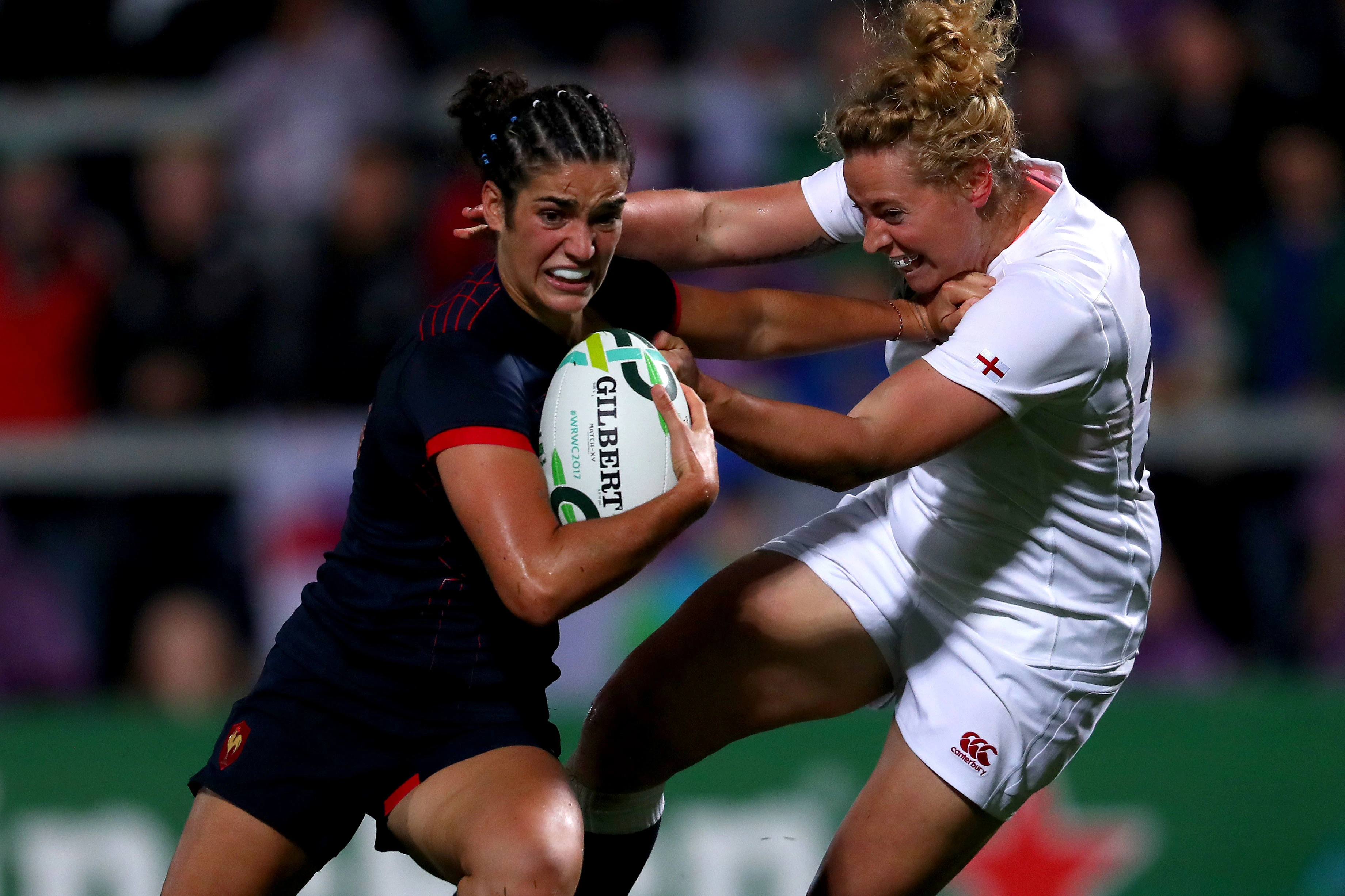 2017 Women's Rugby World Cup Semi-Final, Kingspan Stadium, Belfast 22/8/2017
England vs France
England's Amber Reed and Montserrat Amedee of France
Mandatory Credit ©INPHO/Bryan Keane
