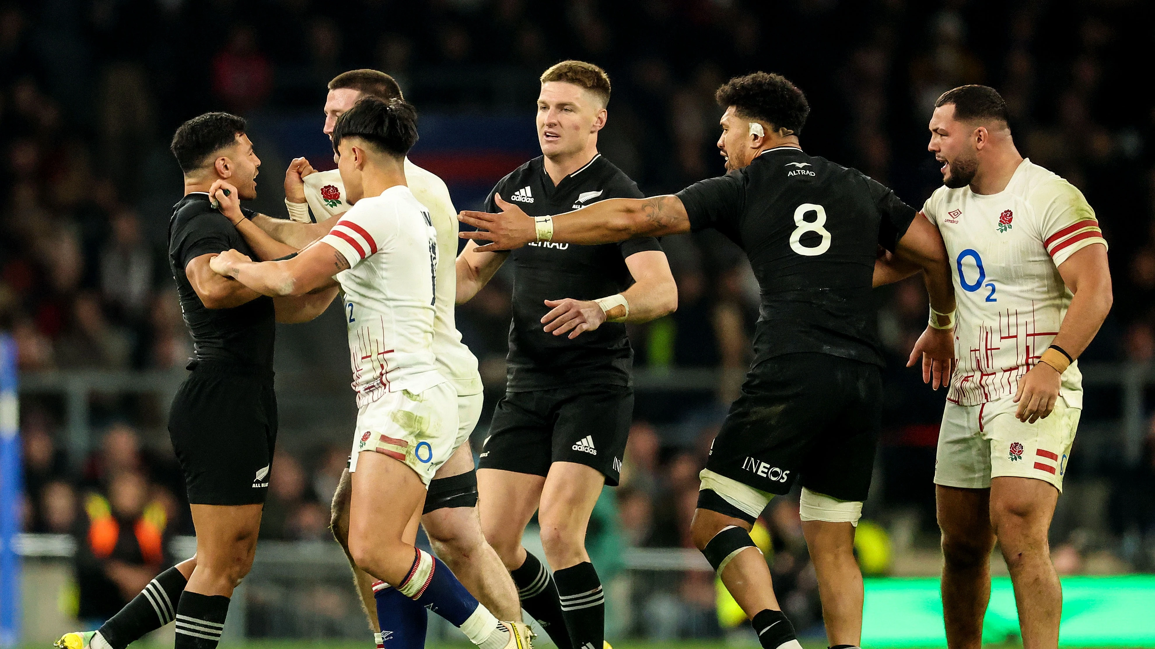 A scuffle breaks out between England and the All Blacks during the 2022 Autumn Nations Series.