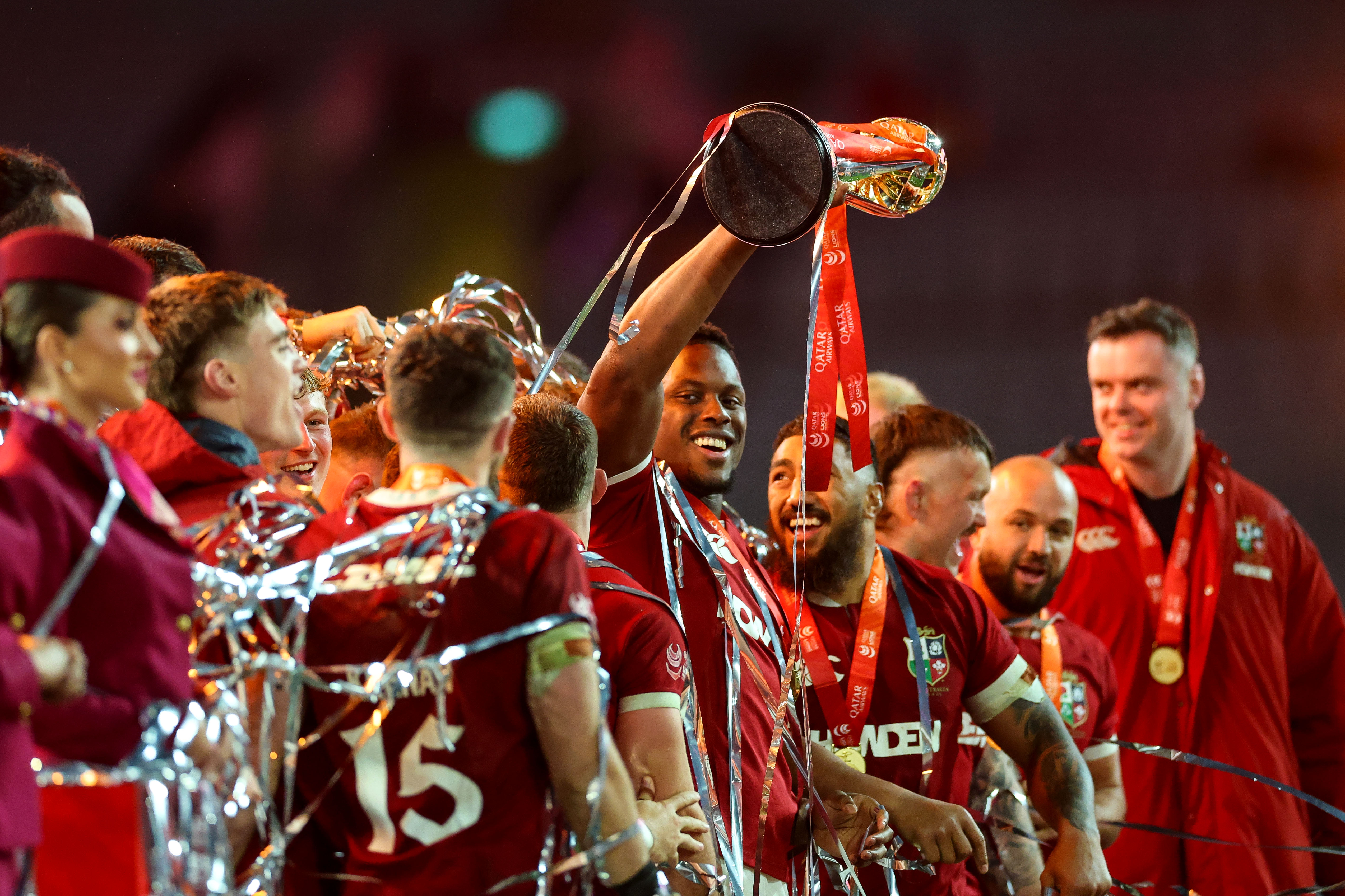 Lions celebrate winning the 2025 series in Australia.