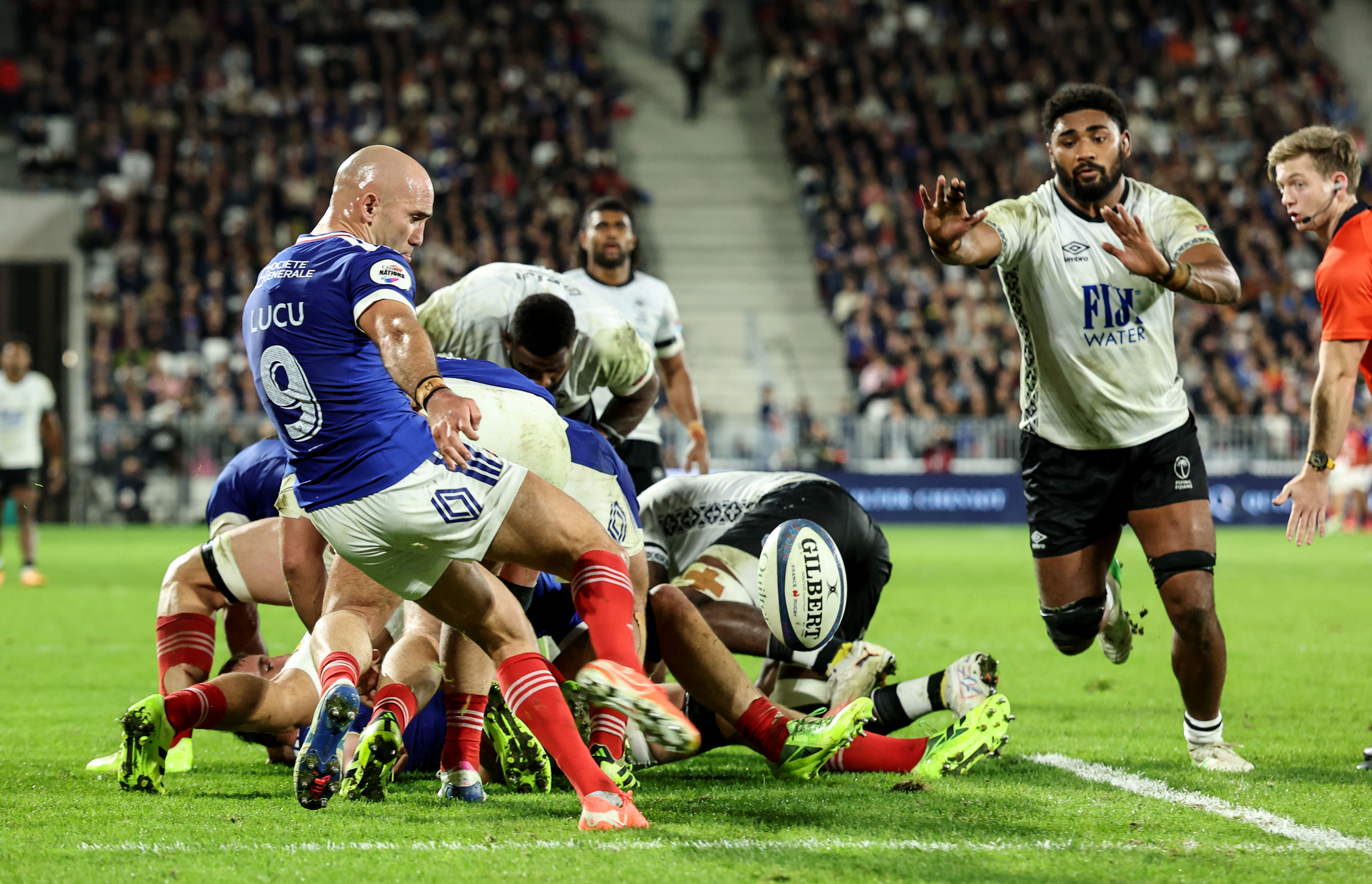 Maxime Lucu kicks clear during the 2025 Quilter Nations Series game between France and Fiji in Stade Matmut-Atlantique, Bordeaux.
