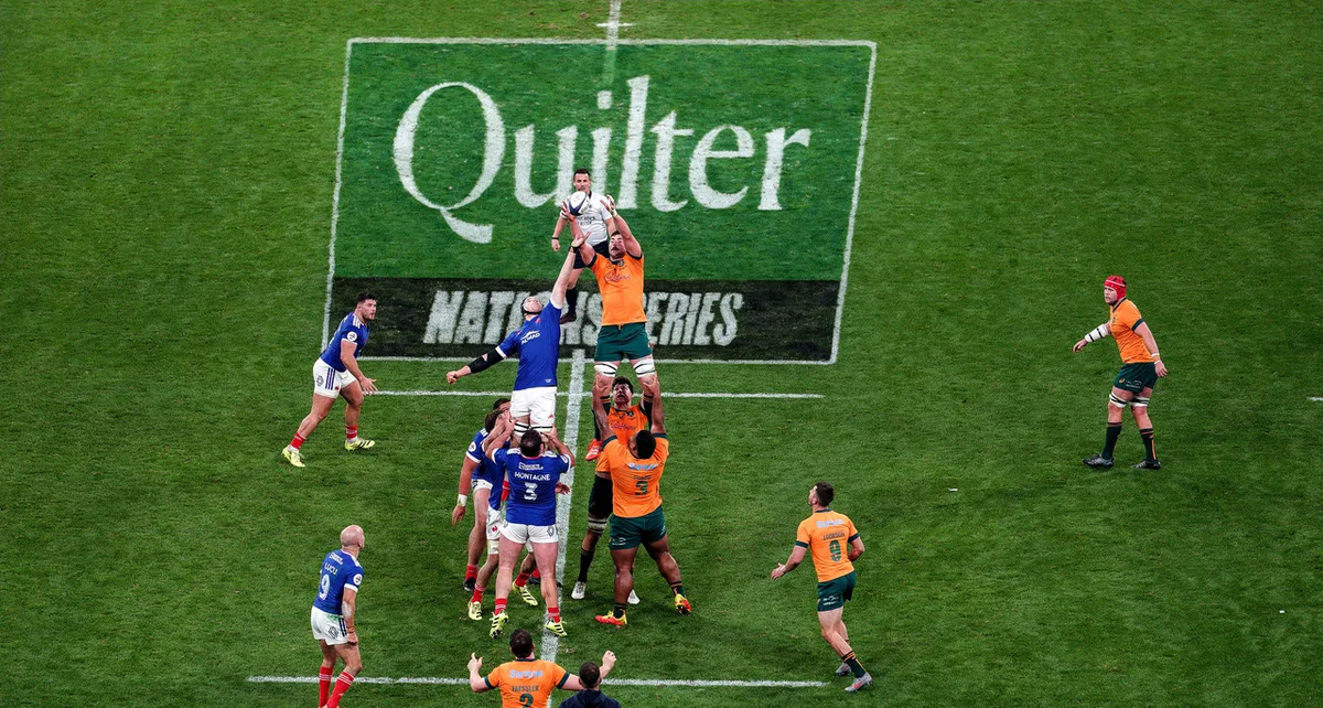 A view of a line out during the 2025 Quilter Nations Series Round 4 game between France and Australia at the Stade de France, St Denis, France, Saturday, November 22, 2025 (Photo by Dave Winter / Inpho)