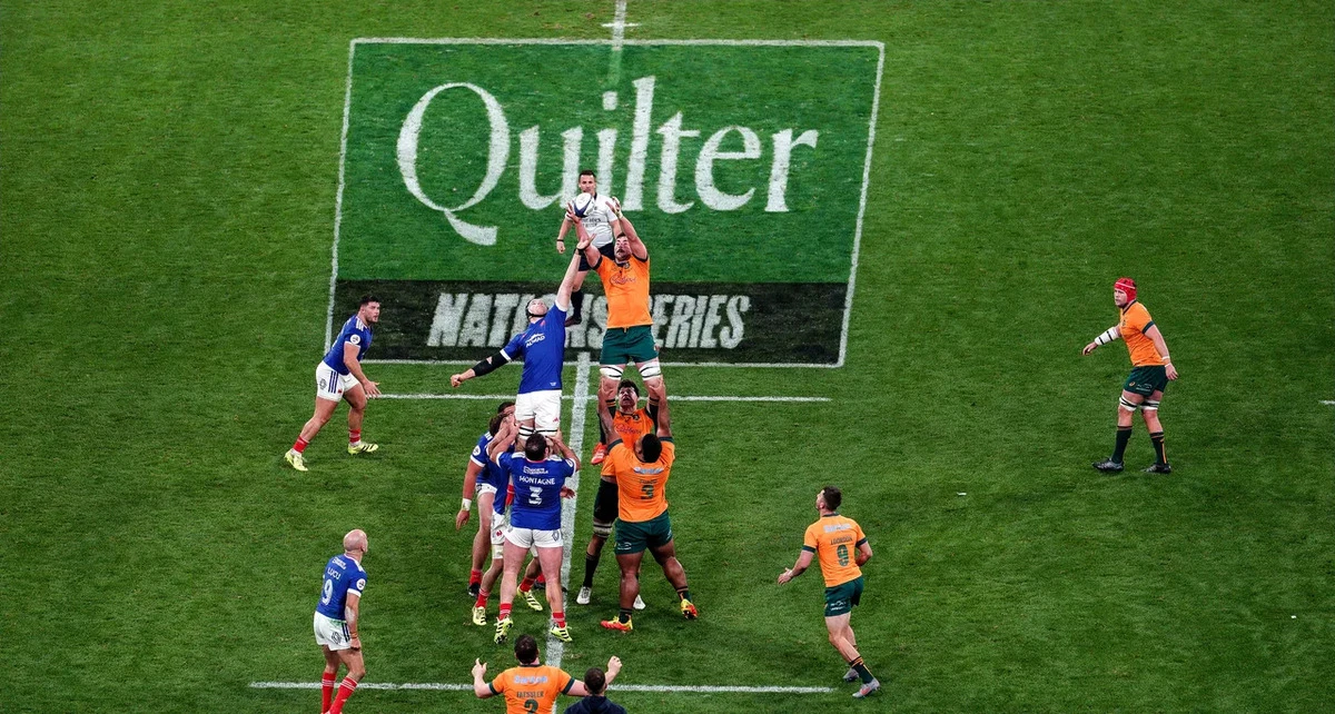 A view of a line out during the 2025 Quilter Nations Series Round 4 game between France and Australia at the Stade de France, St Denis, France, Saturday, November 22, 2025 (Photo by Dave Winter / Inpho)