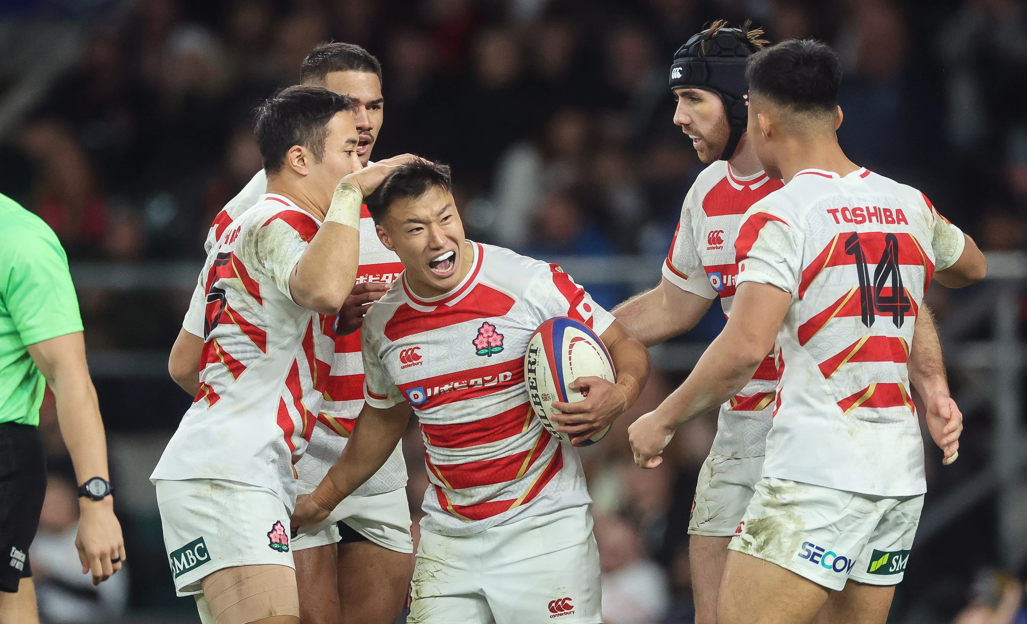 Naoto Saito celebrates scoring against England in the 2024 Autumn Nations Series