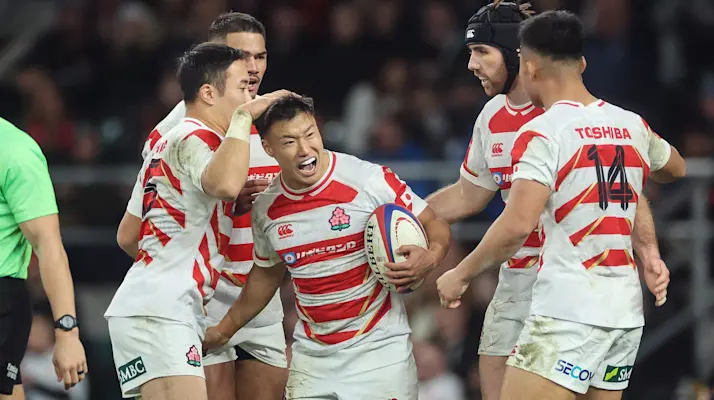 Naoto Saito celebrates scoring against England in the 2024 Autumn Nations Series