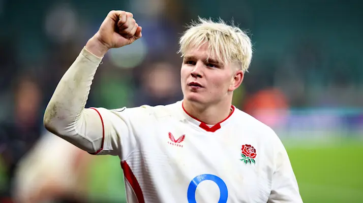 England's Henry Pollock pumps his fist in celebration after the 2025 Quilter Nations Series win against New Zealand.