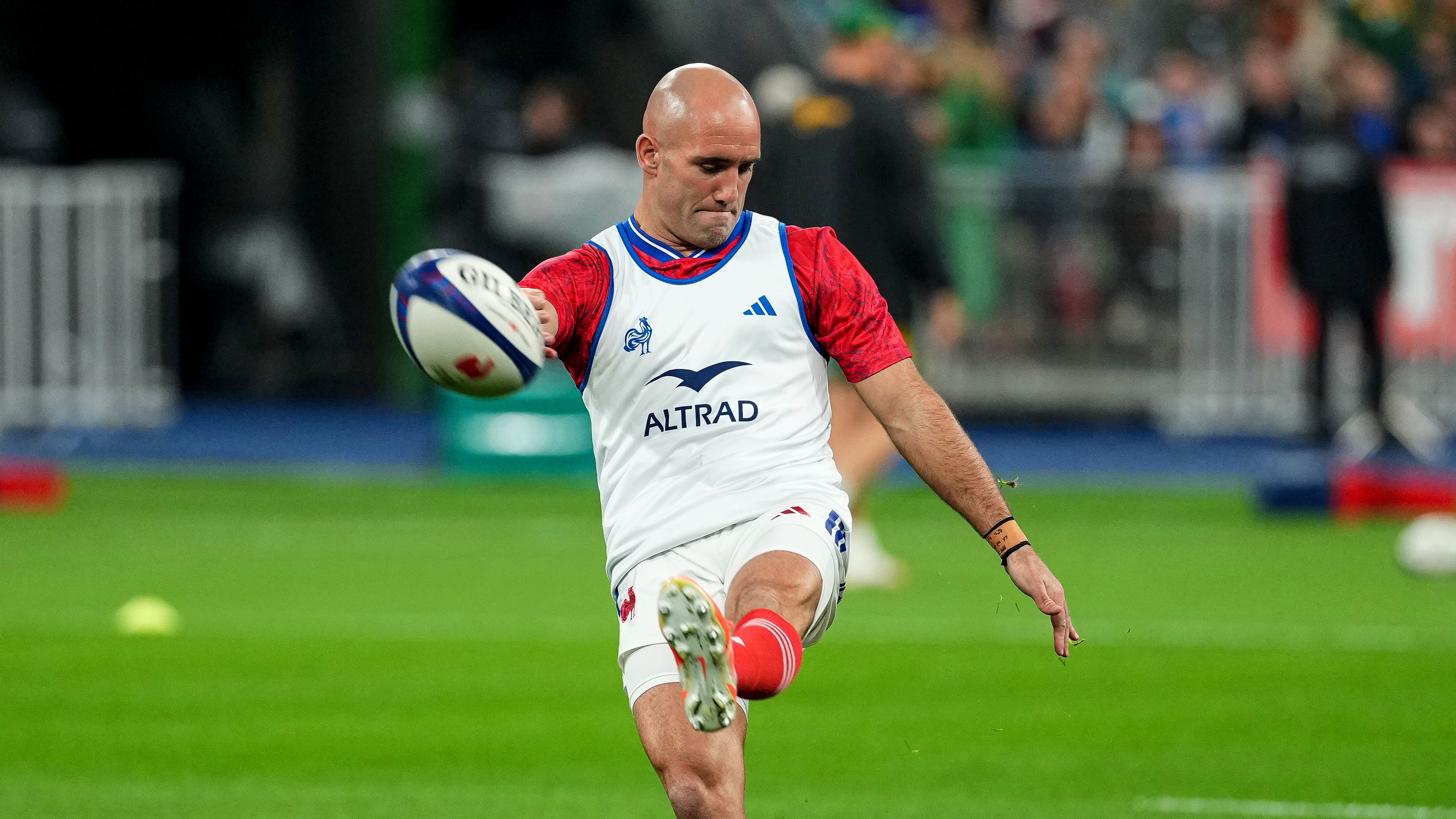 France's Maxime Lucu kicks the ball during the warm-up for the match against South Africa in the Quilter Nations Series.
