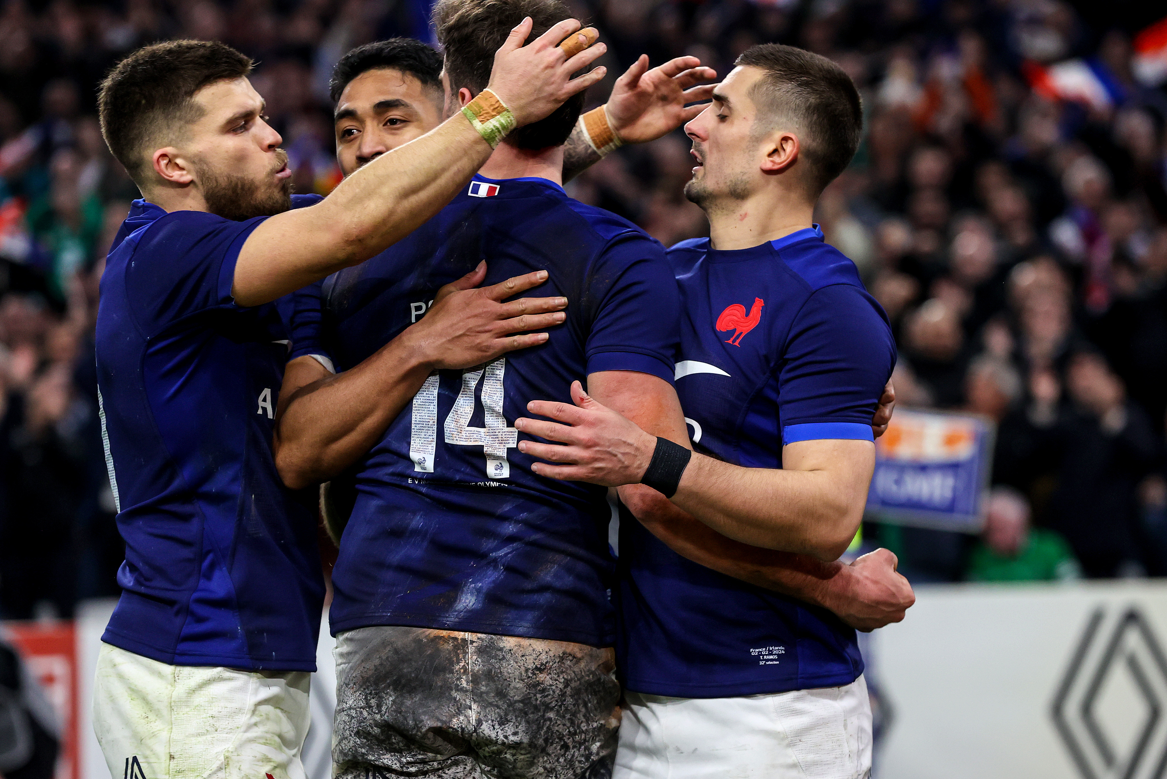 France's Damian Penaud celebrates after scoring a try with Matthieu Jalibert, Yoram Moefana and Thomas Ramos during the 2024 Guinness Six Nations Championship Round 1 between France and Ireland in Orange V√©lodrome, Marseille, France, Friday, February 2, 2024 (Photo by Billy Stickland / Inpho)