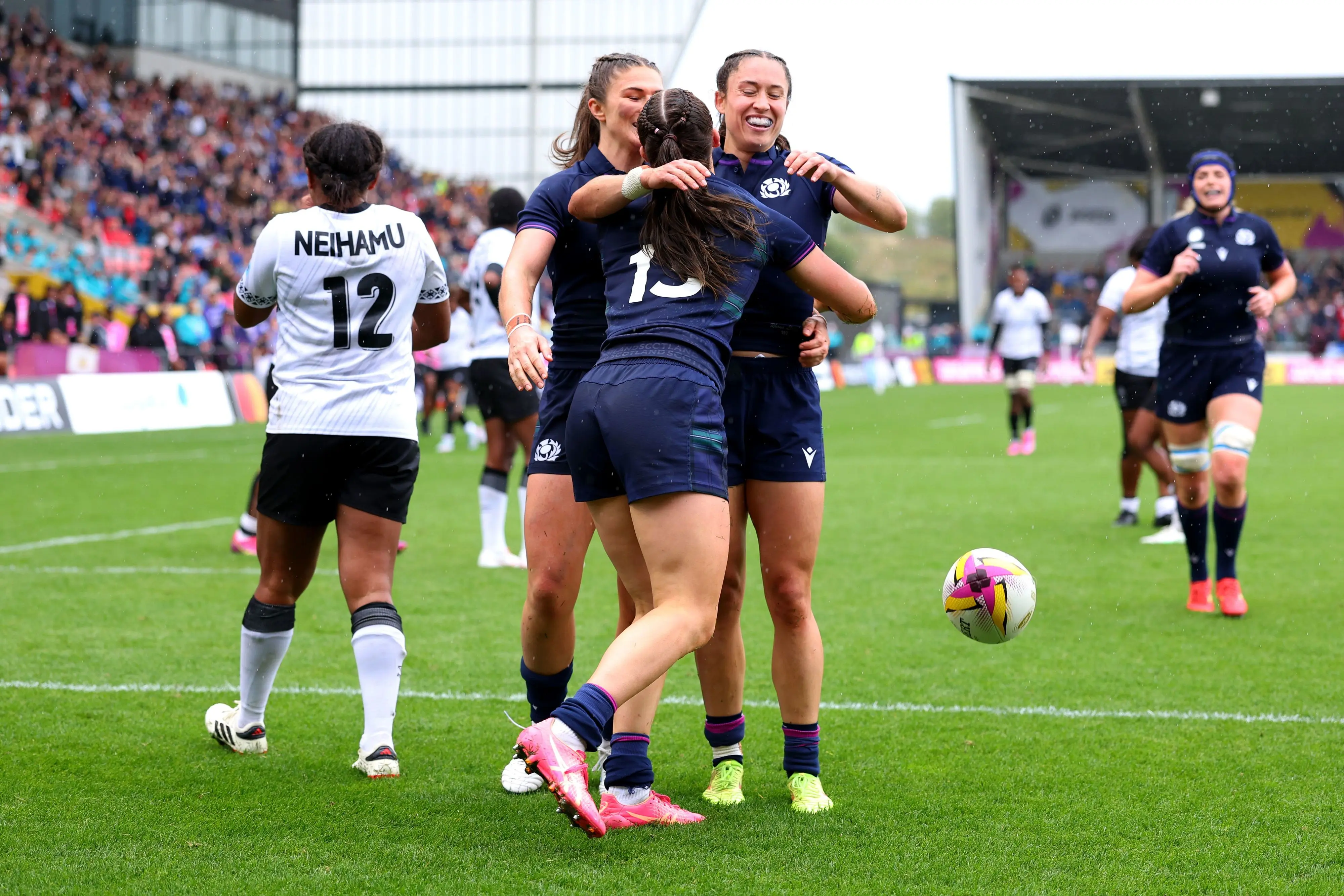 Scotland celebrate scoring a try against Fiji in the 2025 Rugby World Cup.
