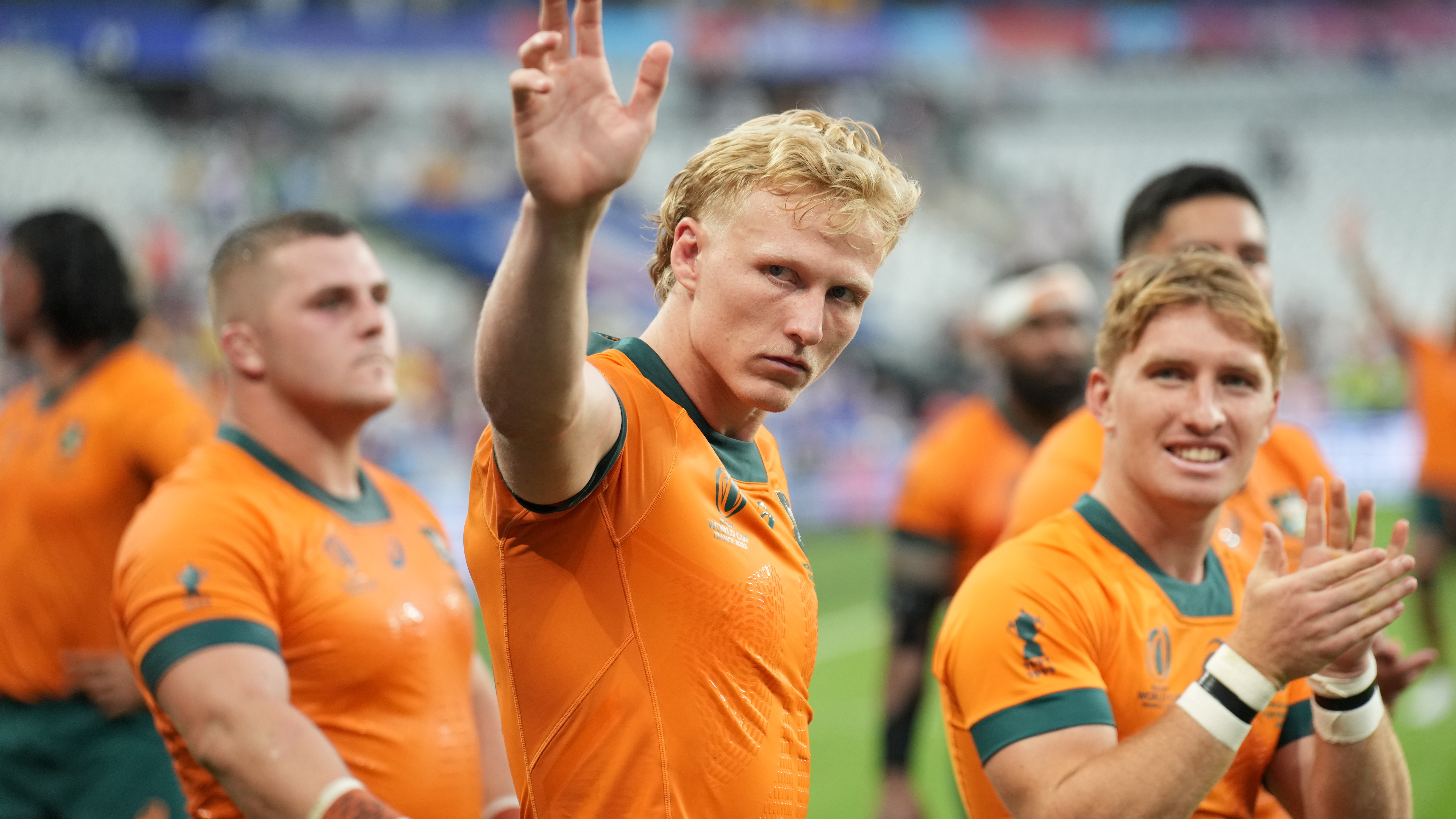 Australia playmaker Carter Gordon applauds fans after a 2023 Rugby World Cup game.