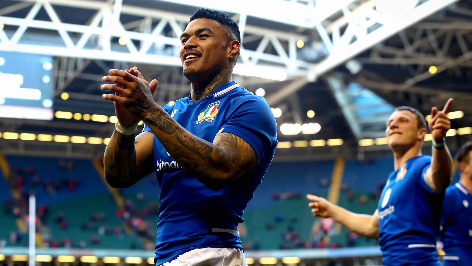 Monty Ioane celebrates after the game 19/3/2022