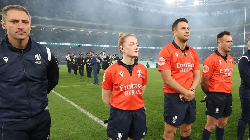 Hollie Davidson with her fellow match officials before the 2025 Guinness Six Nations Championship Round 1 between Ireland and England.
