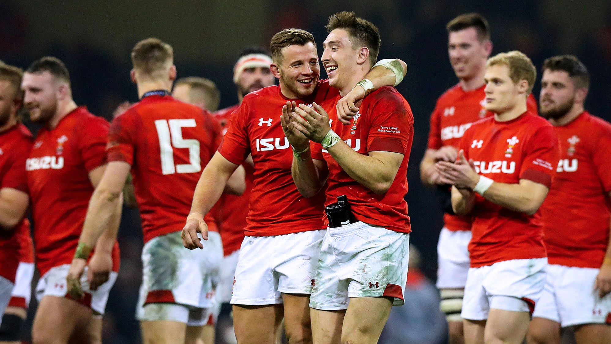 Elliot Dee and Josh Adams celebrate after the game 23/2/2019