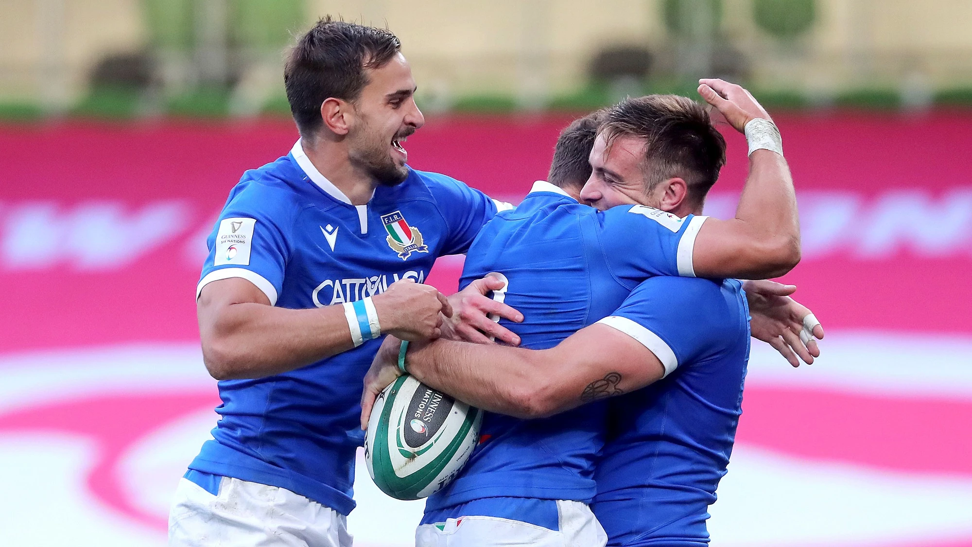 Mattia Bellini and Marcello Vioili celebrates Edoardo Padovani scoring a try24/10/2020